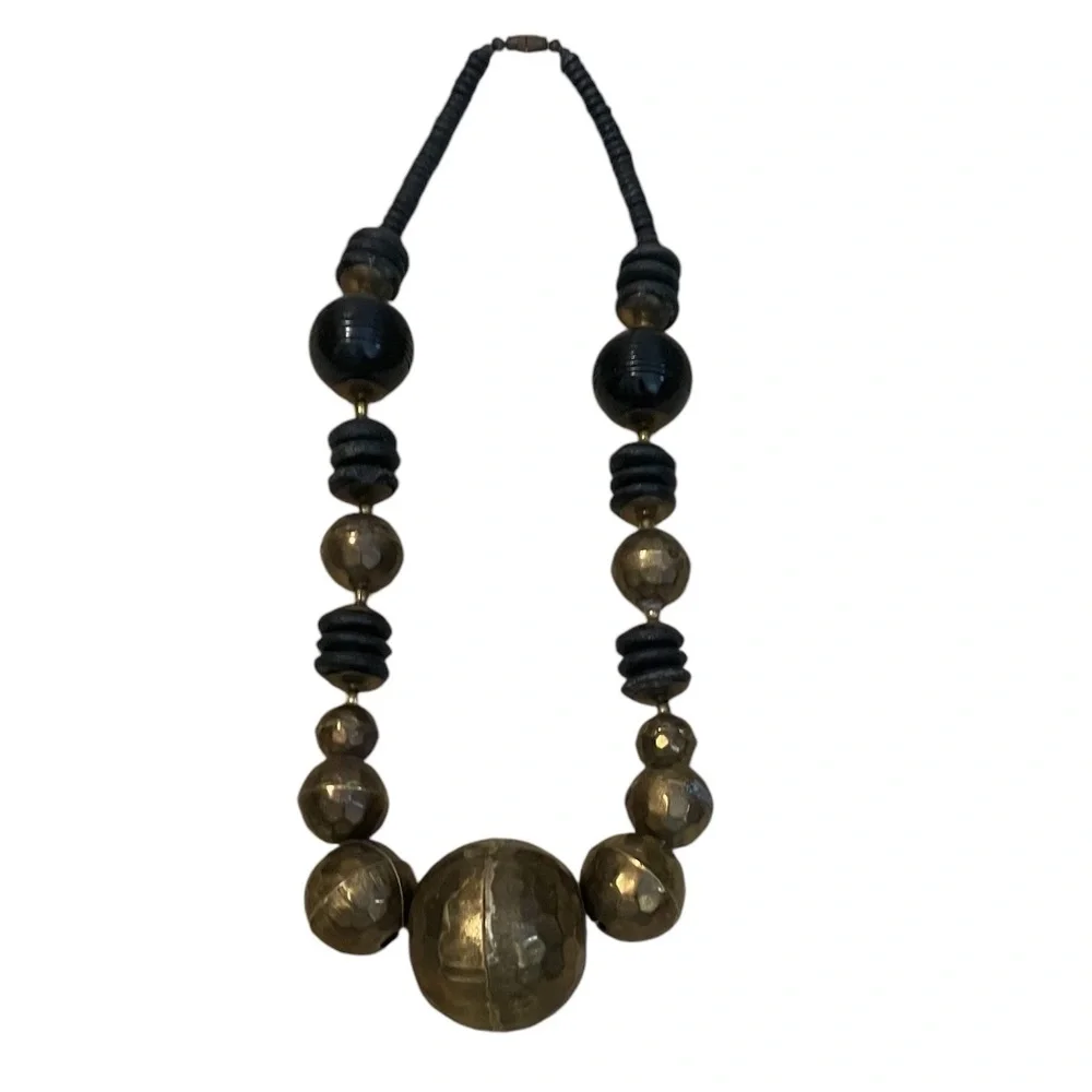 Handmade Two Tones Wood & Brass Chunky‎ Black & Gold Bulky Beads Necklace